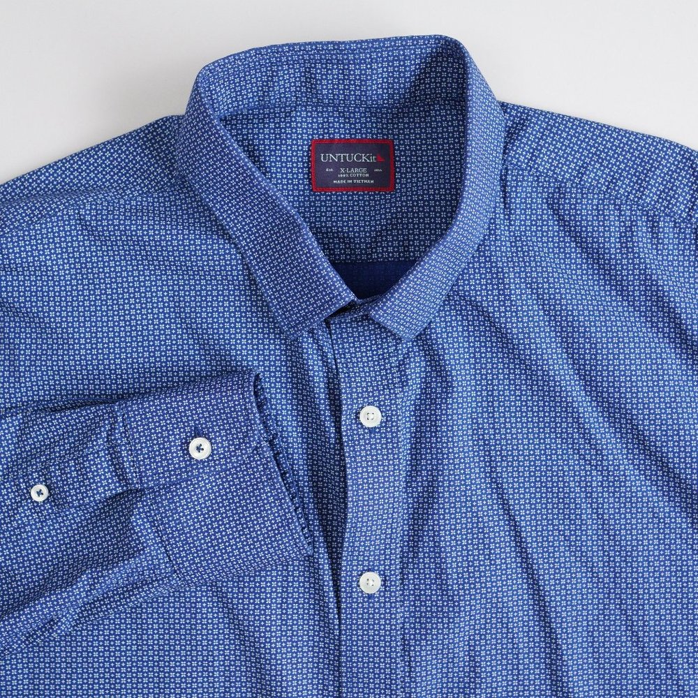 Untuckit Button Down Geometric Shirt Long Sleeve Blue Mens Size XL